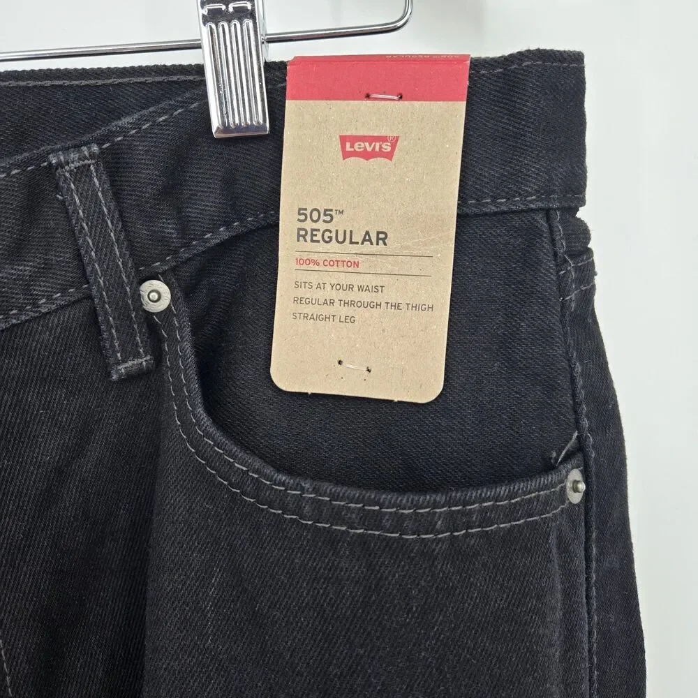 NWT Levis 505 Denim Jeans Mens 36x30 Regular Fit Straight Leg Black 100%‎ Cotton